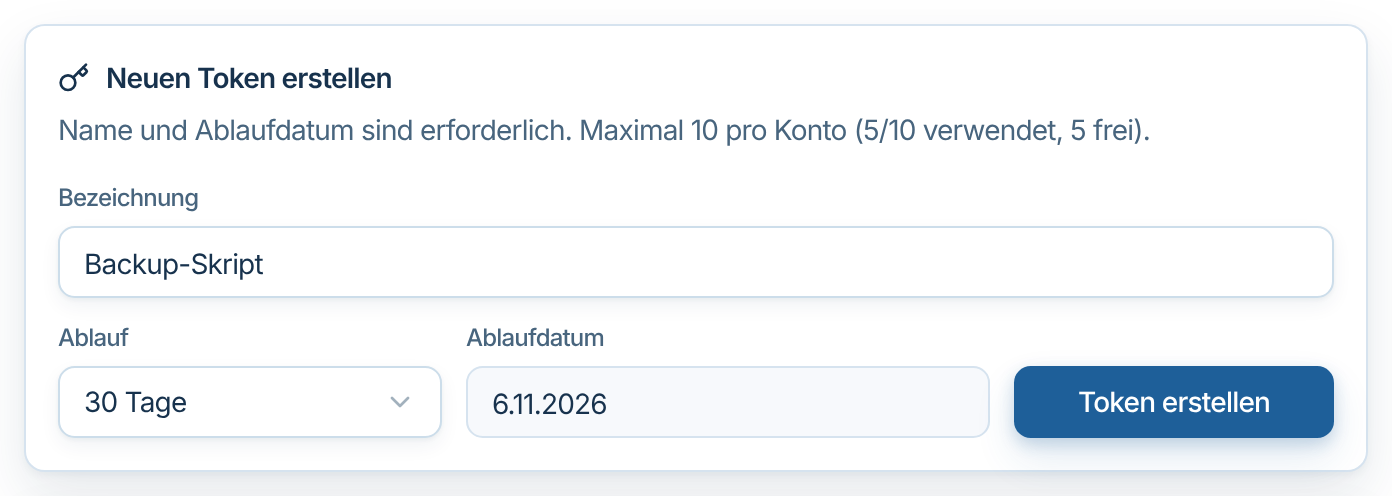 Formular Neuen Token erstellen