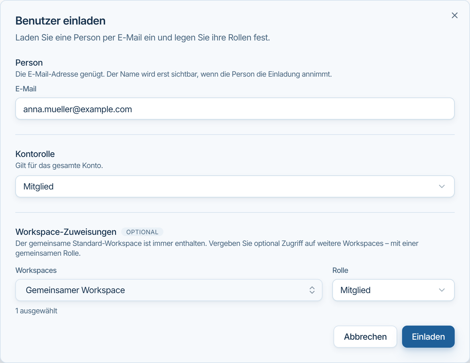 Dialog Benutzer einladen mit E-Mail, Kontorolle und Workspace-Zuweisungen