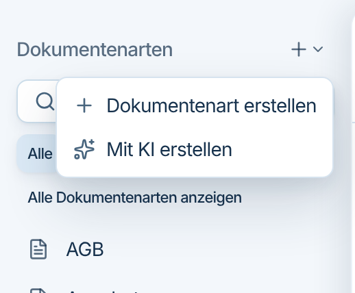 Menü mit Dokumentenart erstellen und Mit KI erstellen