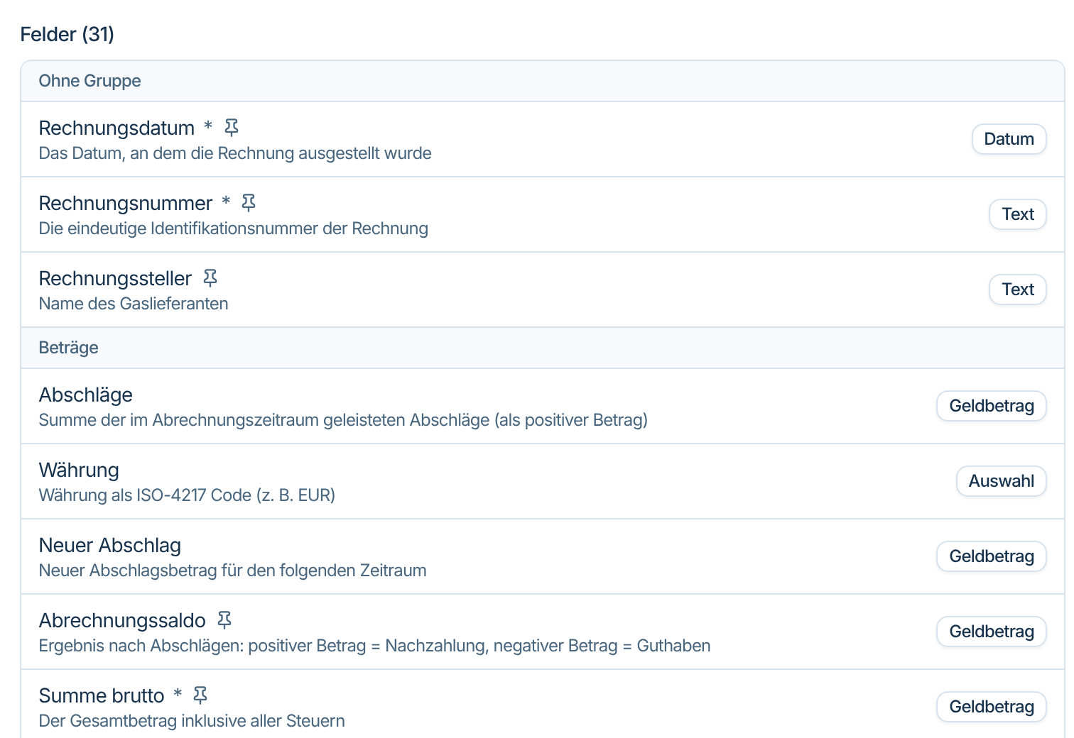 Felder der Dokumentenart Rechnung mit Rechnungsdatum, Rechnungsnummer, Rechnungssteller und Zahlungsangaben