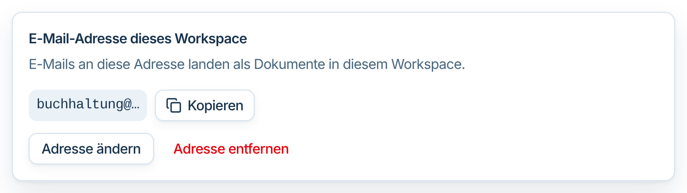 Karte E-Mail-Adresse dieses Workspace mit den Schaltflächen Kopieren, Adresse ändern und Adresse entfernen