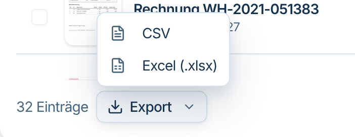 Menü Export mit CSV und Excel