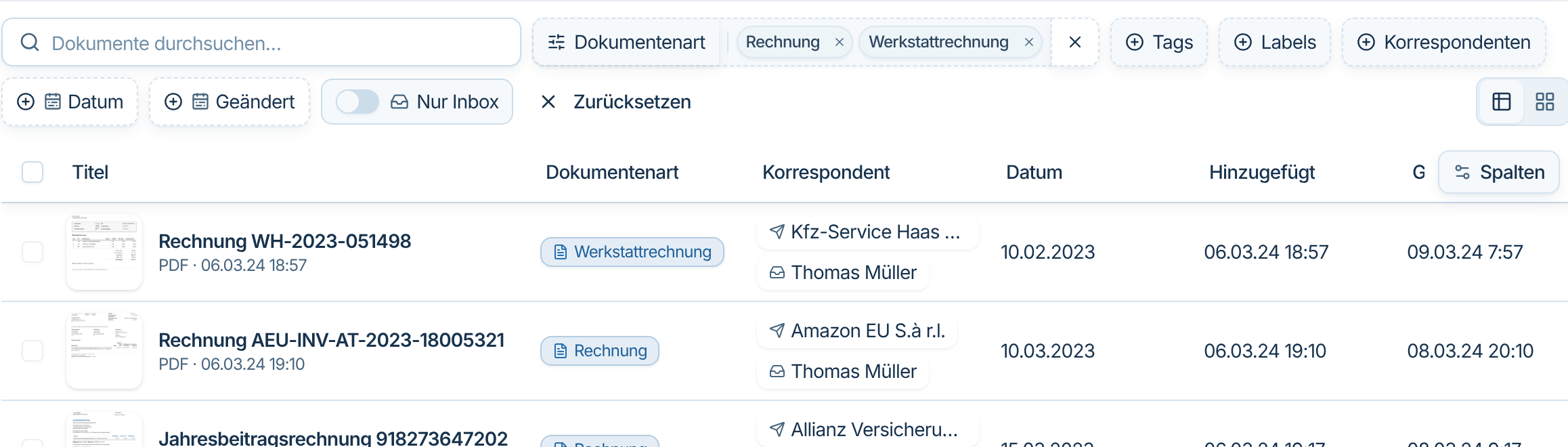 Aktiver Filter Dokumentenart mit Rechnung und Werkstattrechnung und gefilterte Liste