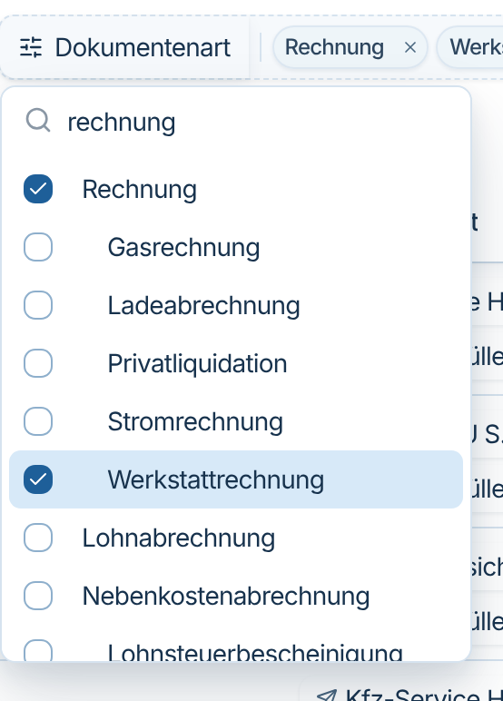 Geöffneter Filter Dokumentenart mit Rechnung und Werkstattrechnung ausgewählt