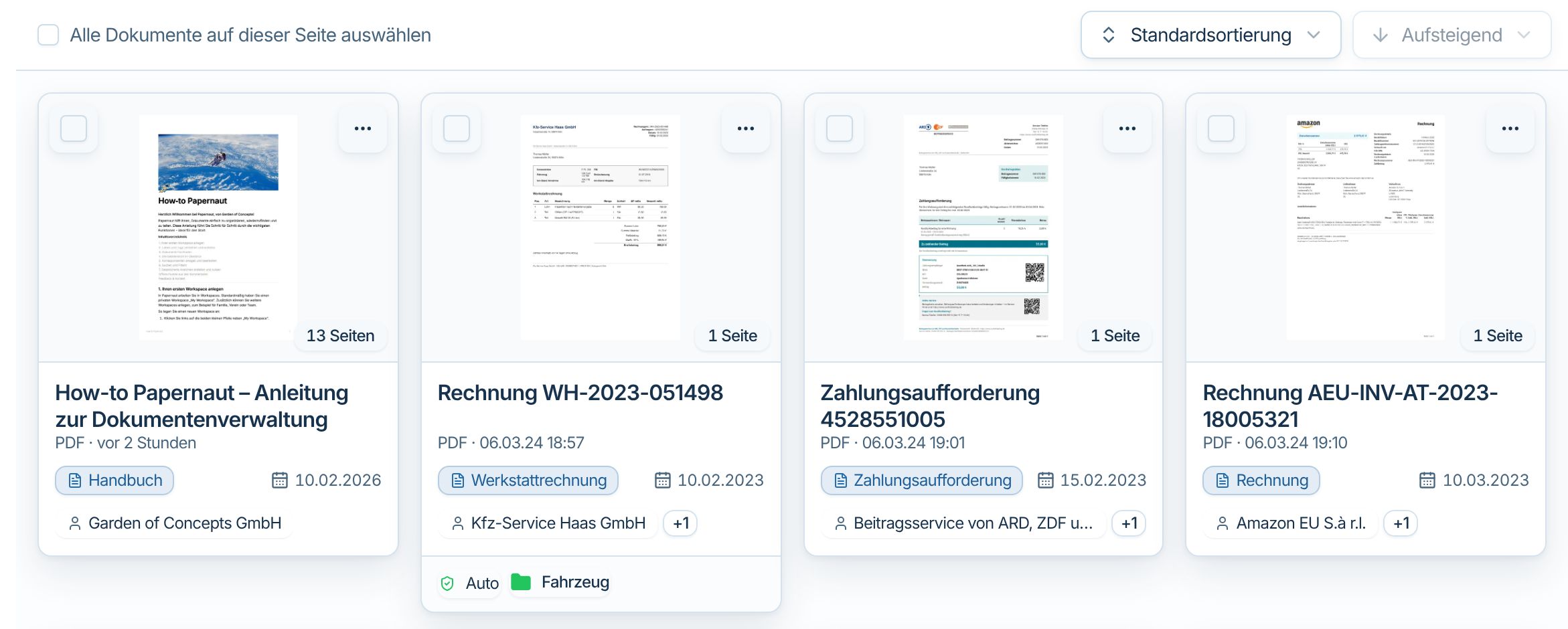 Kartenansicht mit Vorschau, Dokumentenart, Datum und Korrespondent