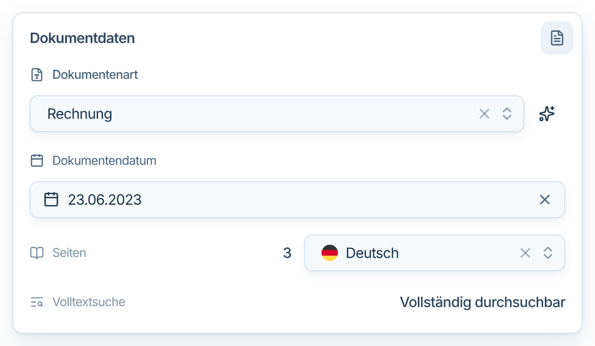 Dokumentdaten mit KI-Kennzeichen, Haken und Kreuz