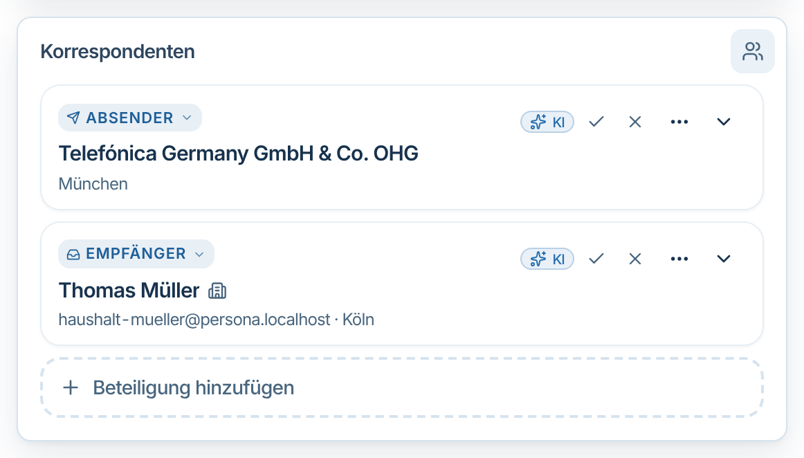 Korrespondenten mit KI-Kennzeichen, bestätigen und verwerfen
