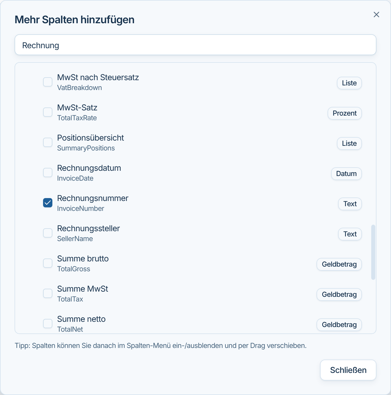 Dialog Mehr Spalten hinzufügen mit den Feldern der Rechnung
