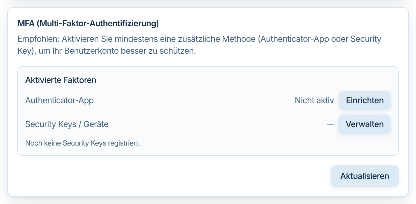 Bereich MFA mit Authenticator-App und Security Keys
