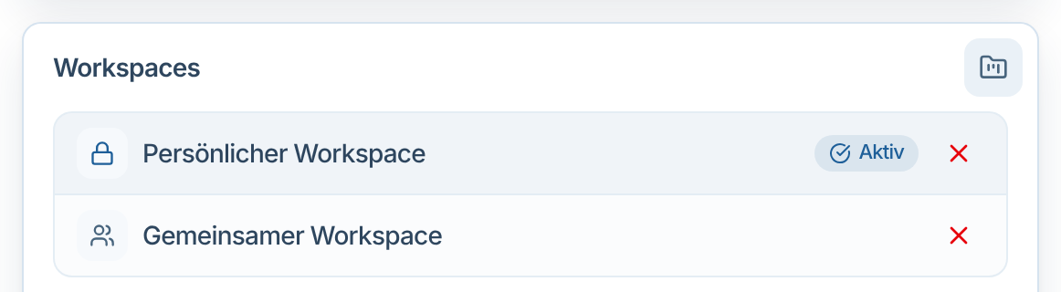 Bereich Workspaces eines Dokuments mit zwei Workspaces