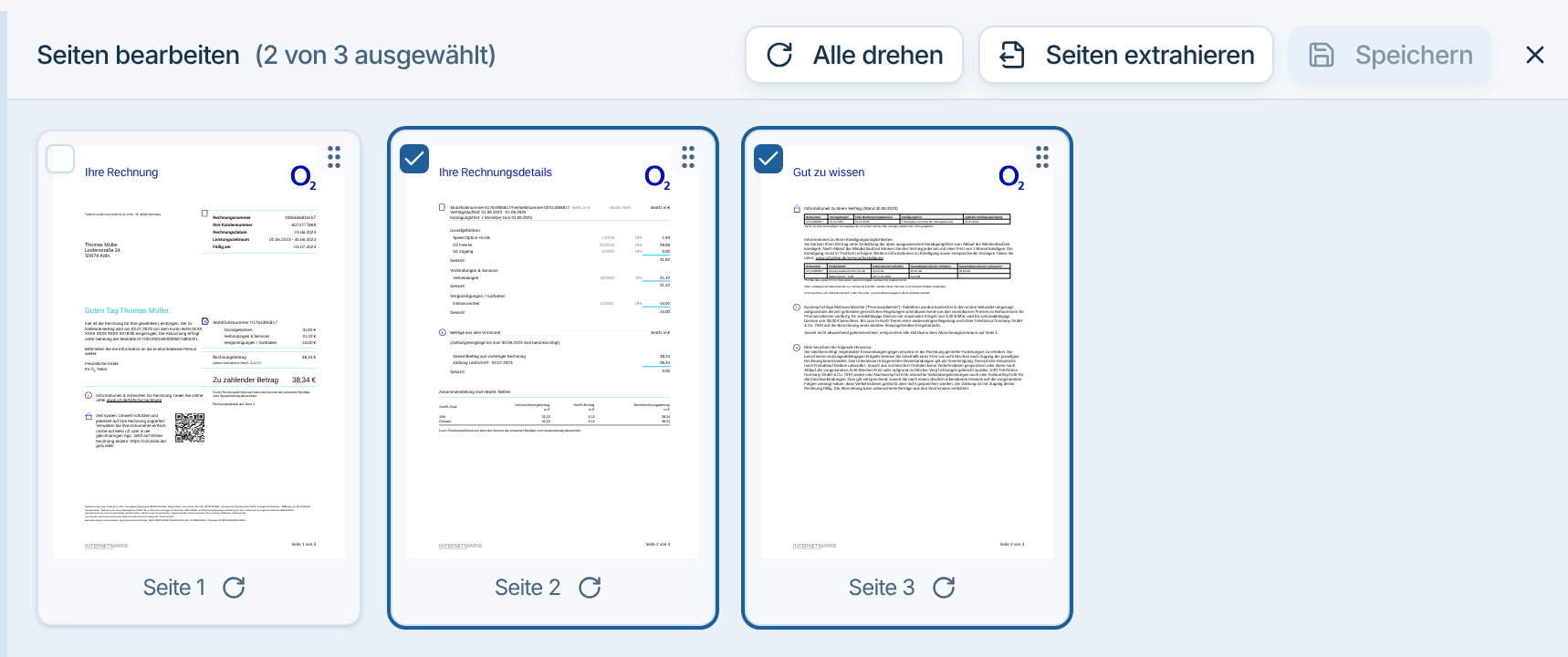 Seiten bearbeiten mit drei Seiten, zwei davon ausgewählt