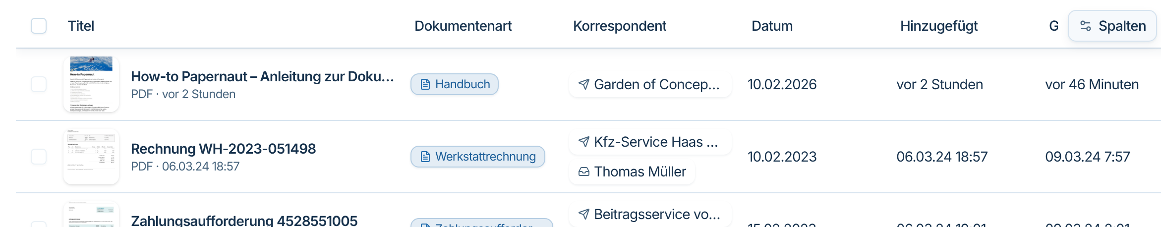 Tabellenansicht mit Titel, Dokumentenart, Korrespondent und Datum