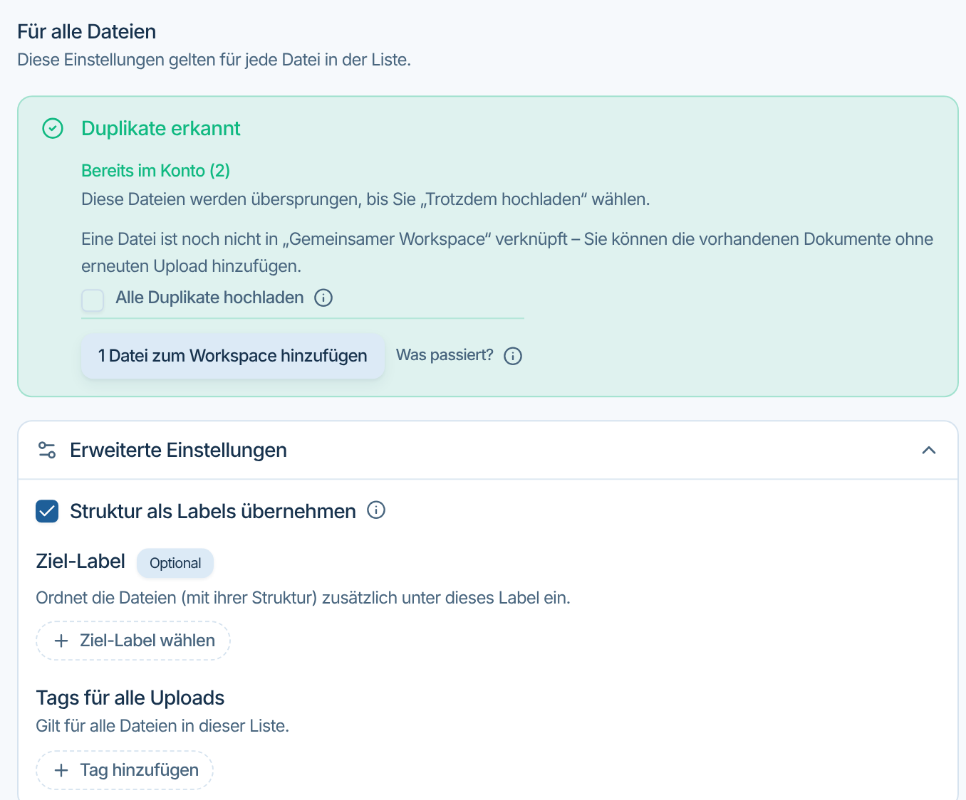 Erweiterte Einstellungen mit Struktur als Labels übernehmen, Ziel-Label und Tags für alle Uploads