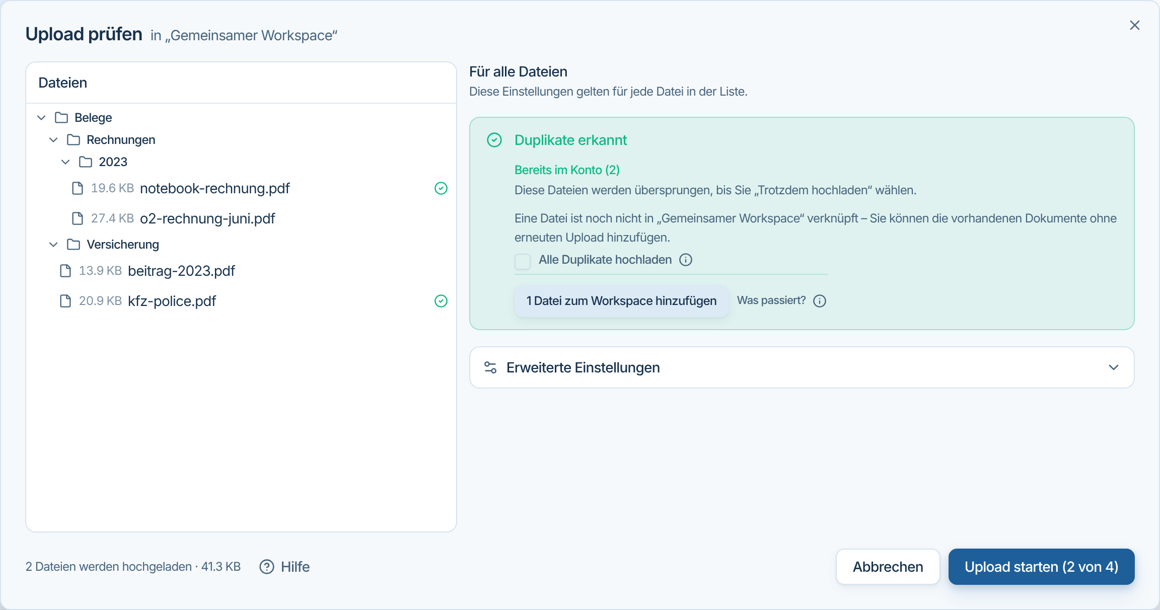 Dialog Upload prüfen mit Ordnerstruktur links und erkannten Duplikaten rechts