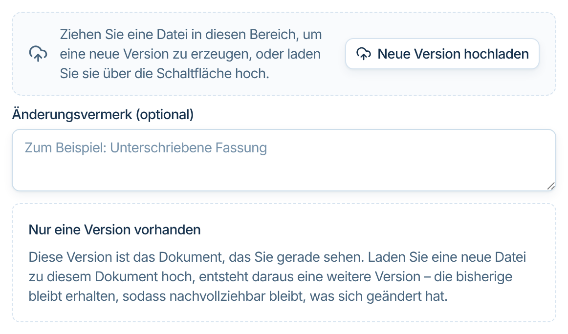 Reiter Versionen mit Neue Version hochladen und Änderungsvermerk